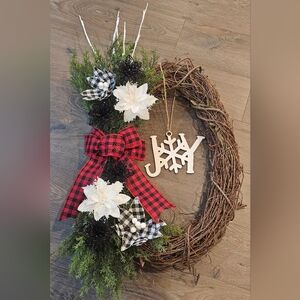 Handmade Farmhouse-style Oval Buffalo Plaid Holiday Wreath. 1 Of A Kind